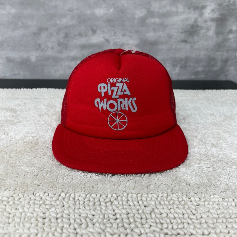 Vintage Pizza Works Mesh Snapback Trucker Hat OSFA Uniform Delivery Boy Cap Red